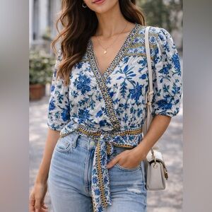Nicole Miller Boho Floral Tie Front Blouse Blue White Puff Sleeve Top S